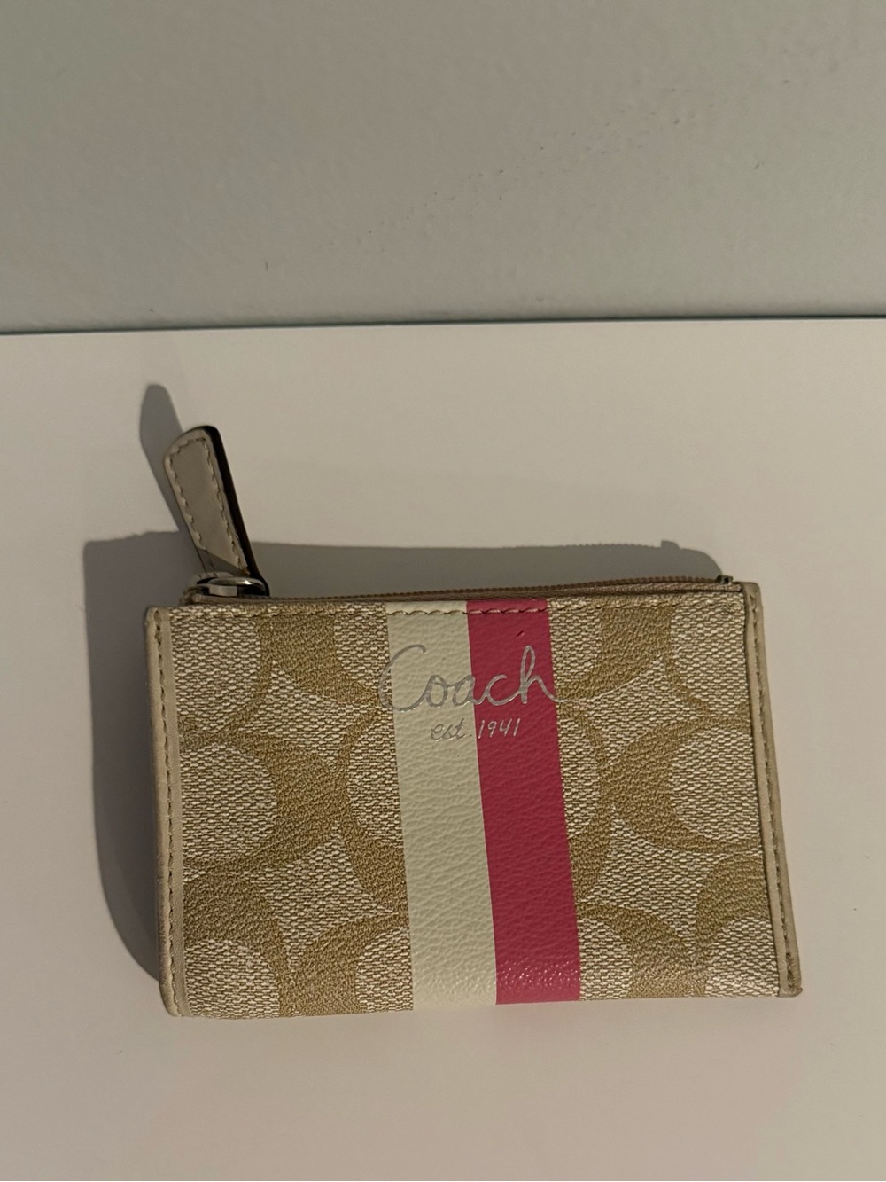 Rare Vintage Coach Beige Signature Card Case with Pink & White Stripe